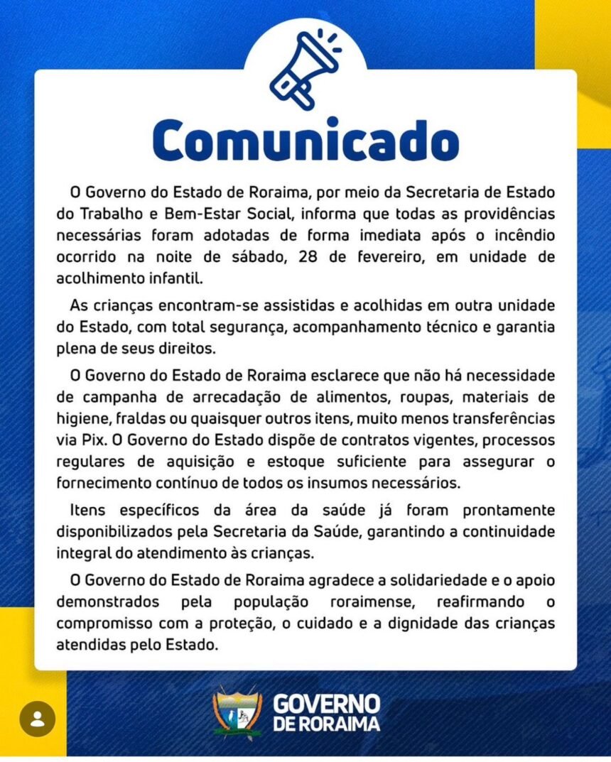 Governo desmente campanha para abrigo infantil