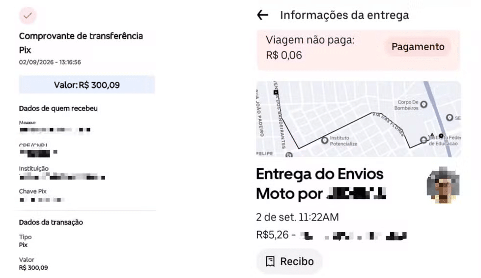 Entregador retém R$ 300 recebidos por engano e diz a aplicativo que corrida de R$ 5 não foi paga. Caso é registrado como golpe do PIX em Boa Vista.